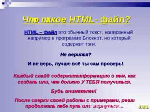 Что такое HTML- файл? HTML – файл это обычный текст, написанный например в прогр