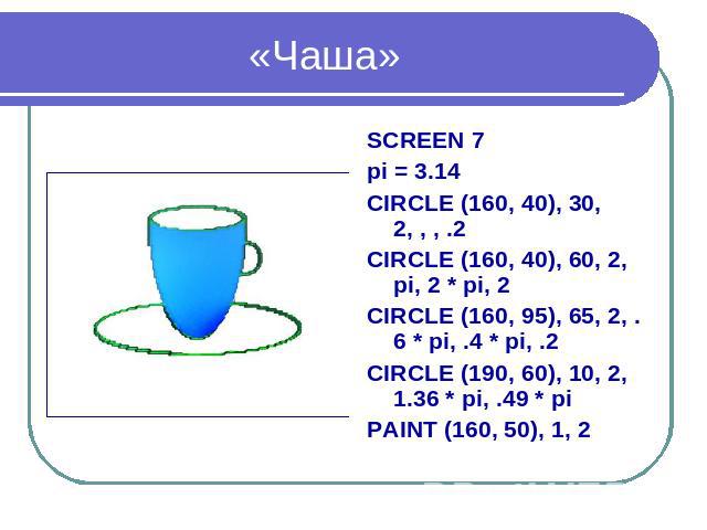 «Чаша» SCREEN 7 pi = 3.14 CIRCLE (160, 40), 30, 2, , , .2 CIRCLE (160, 40), 60, 2, pi, 2 * pi, 2 CIRCLE (160, 95), 65, 2, .6 * pi, .4 * pi, .2 CIRCLE (190, 60), 10, 2, 1.36 * pi, .49 * pi PAINT (160, 50), 1, 2
