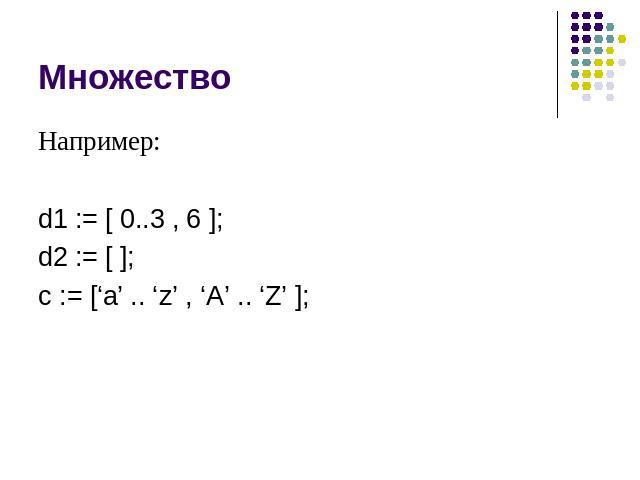 Множество Например: d1 := [ 0..3 , 6 ]; d2 := [ ]; c := [‘a’ .. ‘z’ , ‘A’ .. ‘Z’ ];