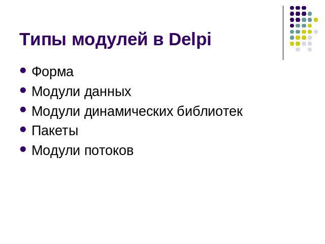 Типы модулей в Delpi Форма Модули данных Модули динамических библиотек Пакеты Модули потоков