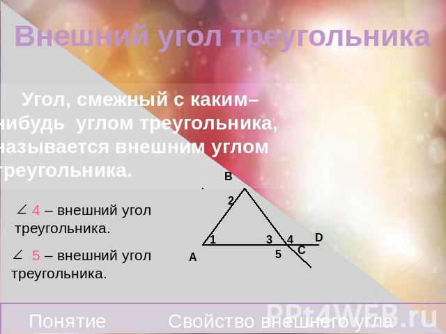 Внешний угол треугольника Угол, смежный с каким–нибудь углом треугольника, называется внешним углом треугольника. 4 – внешний угол треугольника. 5 – внешний угол треугольника.