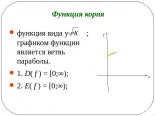 Функция корня функция вида y = ; графиком функции является ветвь параболы. 1. D(