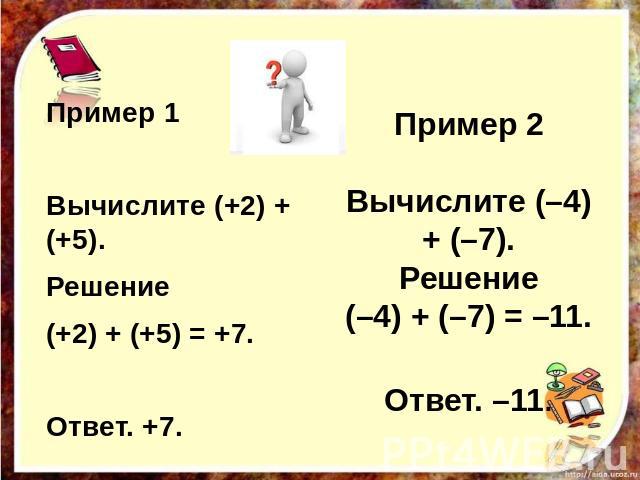 Пример 2 Вычислите (–4) + (–7). Решение (–4) + (–7) = –11. Ответ. –11. Пример 1 Вычислите (+2) + (+5). Решение (+2) + (+5) = +7. Ответ. +7.