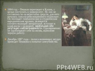1884 год – Пешков переезжает в Казань, с целью поступить в университет. Но оно н