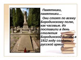 Памятники, памятники… Они стоят по всему Бородинскому полю, как часовые. Их пост