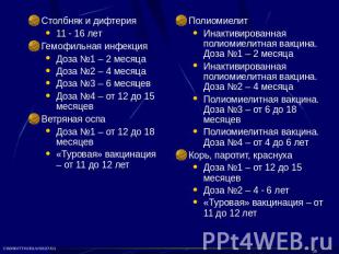 Столбняк и дифтерия Столбняк и дифтерия 11 - 16 лет Гемофильная инфекция Доза №1
