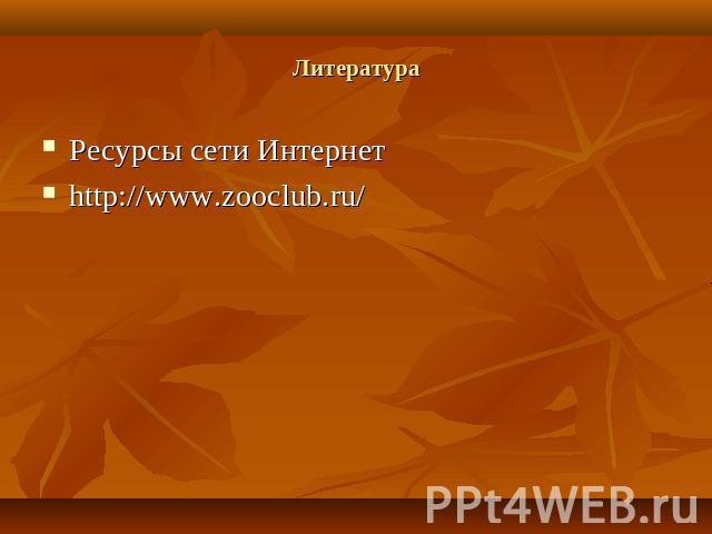 Ресурсы сети Интернет Ресурсы сети Интернет http://www.zooclub.ru/