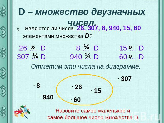 D – множество двузначных чисел. Являются ли числа 26, 307, 8, 940, 15, 60 элементами множества D? Отметим эти числа на диаграмме. Назовите самое маленькое и самое большое число множества D.