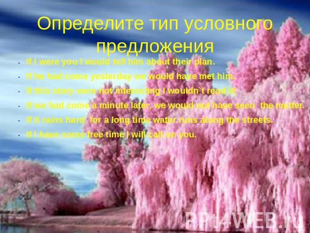 Определите тип условного предложения If I were you I would tell him about their plan. If he had come yesterday we would have met him. If this story were not interesting I wouldn`t read it! If we had come a minute later, we would not have seen the ma…