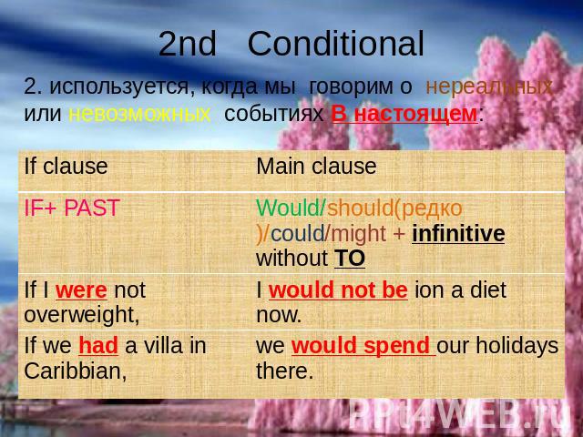 2nd Conditional 2. используется, когда мы говорим о нереальных или невозможных событиях В настоящем: