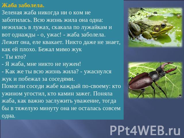 Жаба заболела. Зеленая жаба никогда ни о ком не заботилась. Всю жизнь жила она одна: нежилась в лужах, скакала по лужайкам и вот однажды - о, ужас! - жаба заболела. Лежит она, еле квакает. Никто даже не знает, как ей плохо. Бежал мимо жук - Ты кто? …