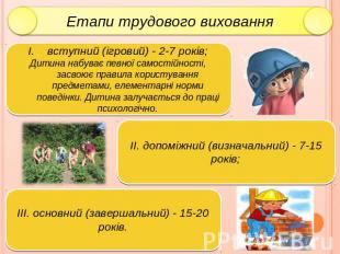 Етапи трудового виховання вступний (ігровий) - 2-7 років; Дитина набуває певної