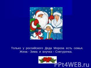 Только у российского Деда Мороза есть семья. Жена - Зима и внучка – Снегурочка.