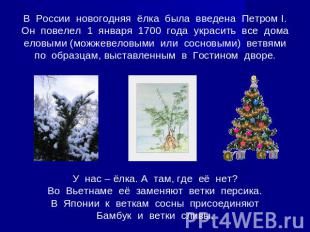 В России новогодняя ёлка была введена Петром I. Он повелел 1 января 1700 года ук