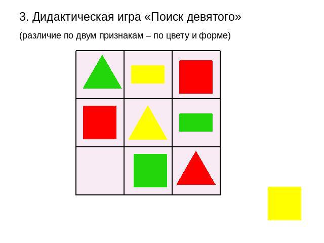 3. Дидактическая игра «Поиск девятого» (различие по двум признакам – по цвету и форме)