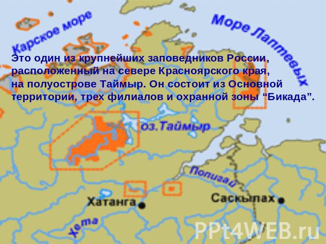 Это один из крупнейших заповедников России, расположенный на севере Красноярского края, на полуострове Таймыр. Он состоит из Основной территории, трех филиалов и охранной зоны “Бикада”.