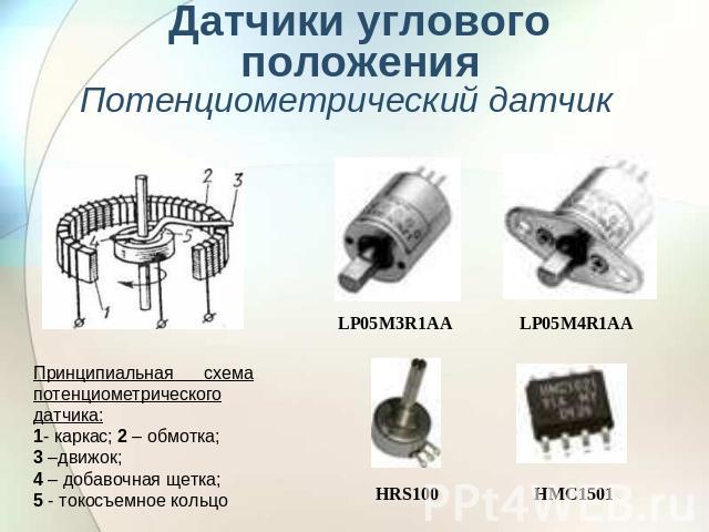 Датчики углового положения Принципиальная схема потенциометрического датчика: 1- каркас; 2 – обмотка; 3 –движок; 4 – добавочная щетка; 5 - токосъемное кольцо