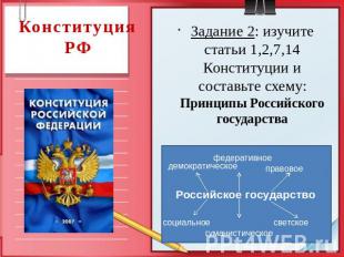 Конституция РФ Задание 2: изучите статьи 1,2,7,14 Конституции и составьте схему: