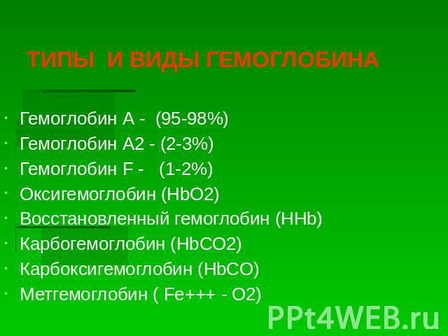 ТИПЫ И ВИДЫ ГЕМОГЛОБИНА Гемоглобин А - (95-98%) Гемоглобин А2 - (2-3%) Гемоглобин F - (1-2%) Оксигемоглобин (HbO2) Восстановленный гемоглобин (HHb) Карбогемоглобин (HbCO2) Карбоксигемоглобин (HbCO) Метгемоглобин ( Fe+++ - O2)