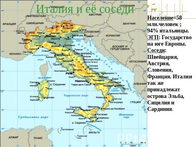 Италия и её соседи Население=58 млн.человек ; 94% итальянцы. ЭГП: Государство на юге Европы. Соседи: Швейцария, Австрия, Словения, Франция. Италии так же принадлежат острова Эльба, Сицилия и Сардиния.