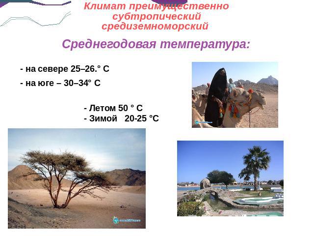 Климат преимущественно субтропический средиземноморский Среднегодовая температура: - на севере 25–26.° С - на юге – 30–34° С - Летом 50 ° С - Зимой 20-25 °C