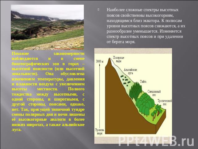 Похожие закономерности наблюдаются и в смене биогеографических зон в горах – высотной поясности (или высотной зональности). Она обусловлена изменением температуры, давления и влажности воздуха с увеличением высоты местности. Полного тождества между …