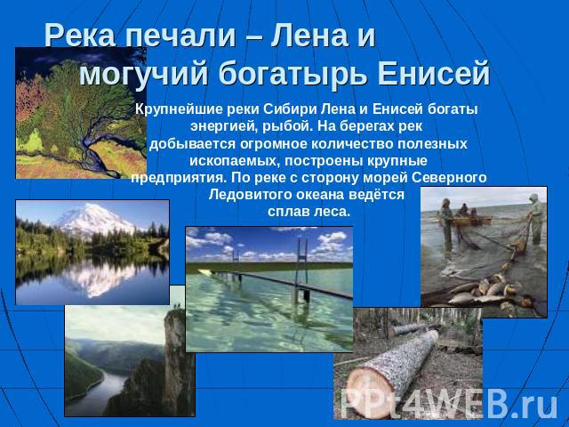Река печали – Лена и могучий богатырь Енисей Крупнейшие реки Сибири Лена и Енисей богаты энергией, рыбой. На берегах рек добывается огромное количество полезных ископаемых, построены крупные предприятия. По реке с сторону морей Северного Ледовитого …