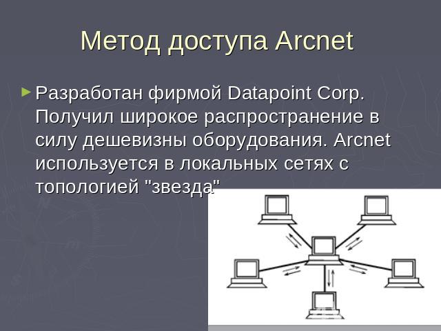 Метод доступа Arcnet Разработан фирмой Datapoint Corp. Получил широкое распространение в силу дешевизны оборудования. Arcnet используется в локальных сетях с топологией звезда