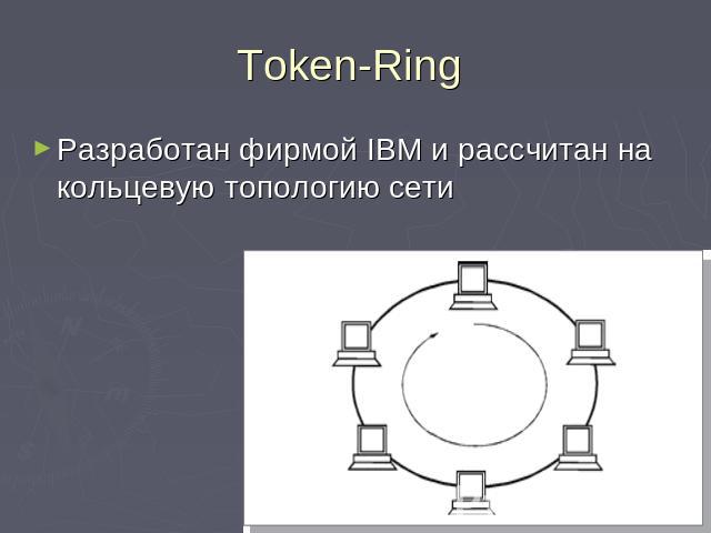 Token-Ring Разработан фирмой IBM и рассчитан на кольцевую топологию сети