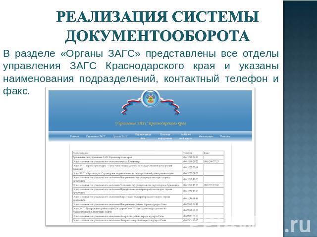 Реализация системы документооборота В разделе «Органы ЗАГС» представлены все отделы управления ЗАГС Краснодарского края и указаны наименования подразделений, контактный телефон и факс.