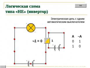 Логическая схема типа «НЕ» (инвертор) Электрическая цепь с однимавтоматическим в