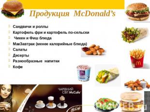 Продукция McDonald’s Сандвичи и роллы Картофель фри и картофель по-сельски Чикен