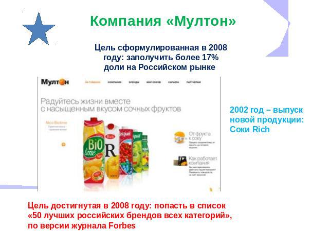 Компания «Мултон» 2002 год – выпуск новой продукции: Соки Rich Цель достигнутая в 2008 году: попасть в список «50 лучших российских брендов всех категорий», по версии журнала Forbes