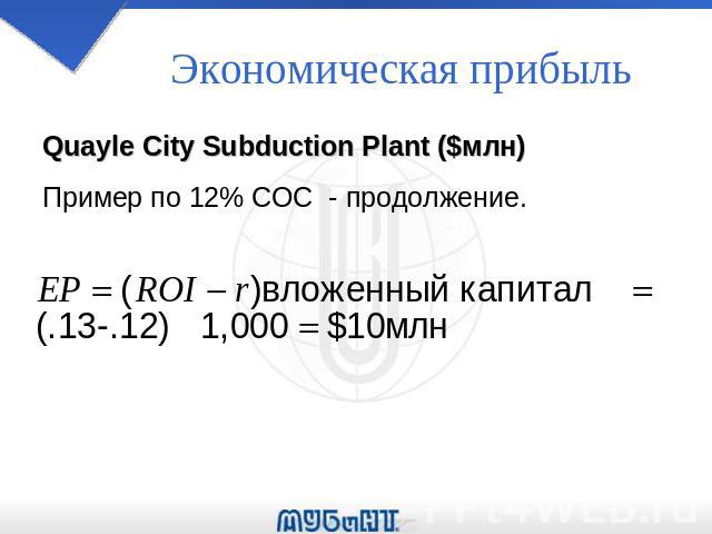 Экономическая прибыль Quayle City Subduction Plant ($млн) Пример по 12% COC - продолжение.