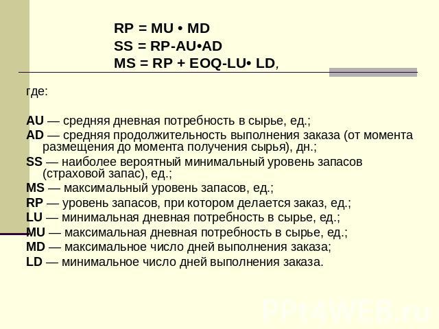 RP = MU • MD SS = RP-AU•AD MS = RP + EOQ-LU• LD, где: AU — средняя дневная потребность в сырье, ед.; AD — средняя продолжительность выполнения заказа (от момента размещения до момента получения сырья), дн.; SS — наиболее вероятный минимальный уровен…