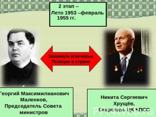 2 этап – Лето 1953 –февраль 1955 гг. Занимали ключевые Позиции в стране Георгий