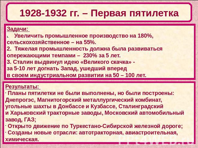 1928-1932 гг. – Первая пятилетка Задачи: Увеличить промышленное производство на 180%, сельскохозяйственное – на 55%. 2. Тяжелая промышленность должна была развиваться опережающими темпами – 230% за 5 лет. 3. Сталин выдвинул идею «Великого скачка» - …