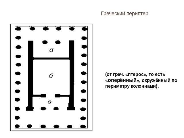 Греческий периптер (от греч. «птерос», то есть «оперённый», окружённый по периметру колоннами).