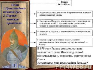 План 1.Происхождение названия Русь. 2. Первые киевские правители. В 879 году Рюр