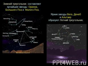 Зимний треугольник  составляют  ярчайшие звезды  Ориона, Большого Пса и  Малого 