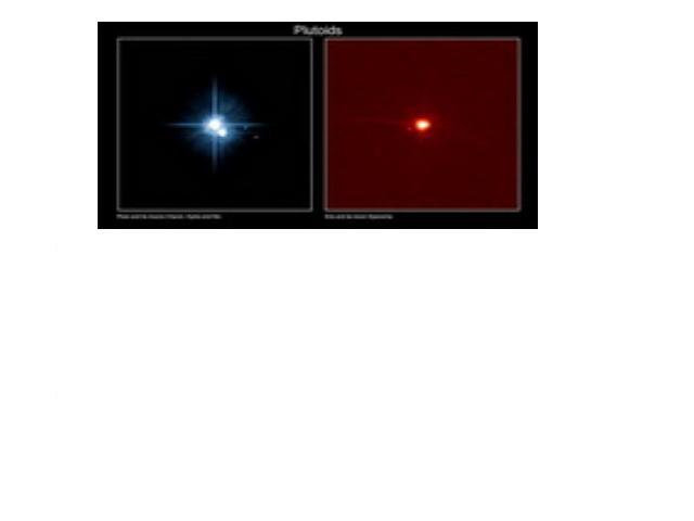 А) Плутон со своими спутниками: фотография телескопа Хаббл 2005 года, Гидра и Никта примерно в 5000 раз слабее Плутона и соотвественно в 2 и 3 раза дальше от Плутона, чем его главная 