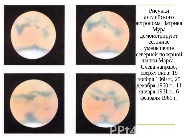 Рисунки английского астронома Патрика Мура демонстрируют сезонное уменьшение северной полярной шапки Марса. Слева направо, сверху вниз: 19 ноября 1960 г., 25 декабря 1960 г., 11 января 1961 г., 6 февраля 1961 г.