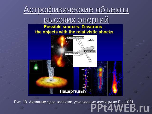 Астрофизические объекты высоких энергий Рис. 18. Активные ядра галактик, ускоряющие частицы до Е ~ 1021.