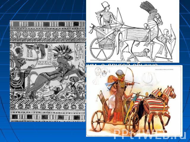 Колесничное войско в Новом Царстве составляло главную ударную силу египтян. На колеснице стояли два воина, один из которых был возничим, а другой обычно стрелком. Иноземцы, скорее всего не допускались в колесничные войска, они пополнялись только еги…