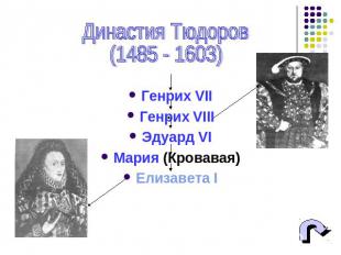 Династия Тюдоров (1485 - 1603) Генрих VII Генрих VIII Эдуард VI Мария (Кровавая)