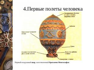 4.Первые полеты человека Первый воздушный шар, изготовленный братьями Монгольфье