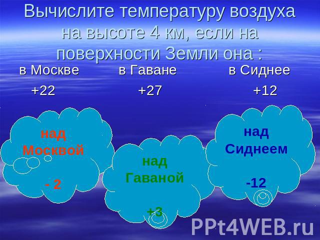 Вычислите температуру воздуха на высоте 4 км, если на поверхности Земли она : в Москве в Гаване в Сиднее +22 +27 +12