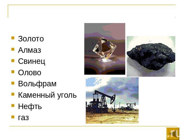 Золото Алмаз Свинец Олово Вольфрам Каменный уголь Нефть газ