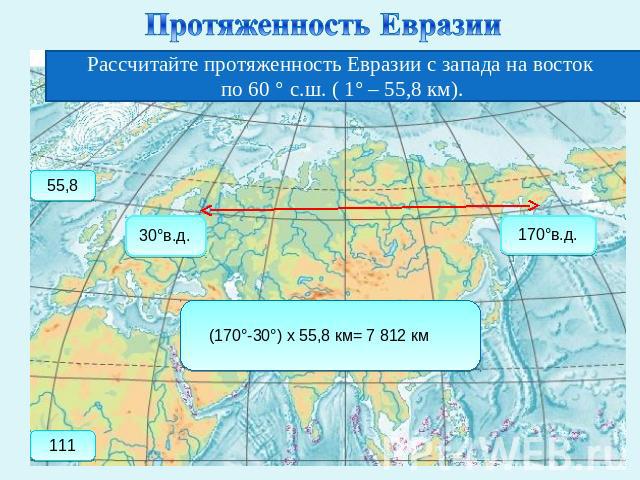 Протяженность Евразии Рассчитайте протяженность Евразии с запада на восток по 60 ° с.ш. ( 1° – 55,8 км).
