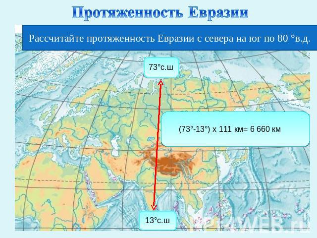 Протяженность Евразии Рассчитайте протяженность Евразии с севера на юг по 80 °в.д.